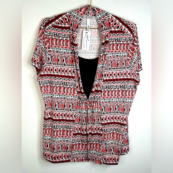 NY Collection Plus Size 1X Geometric Print Short Sleeve Blouse Top Stretchy - Picture 3 of 8